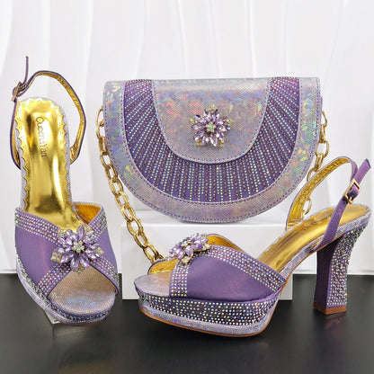 INS New Arrival Colorful Crystral Decoration Design Elegant Mature Party Wedding Peep Toe Ladies High Heels and Bag Set