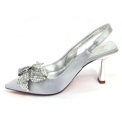 Italian Design Elegant Fuchsia Bow Rhinestone Pumps with Pointed Toe for Women 2024 Party Shoes and Bags Matching Set