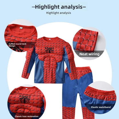 Spiderman Costume Spider-Man Muscle Suit Cosplay Superhero Avengers Boys Girls Long Sleeve Top Pant Cape Halloween Birthday Gift