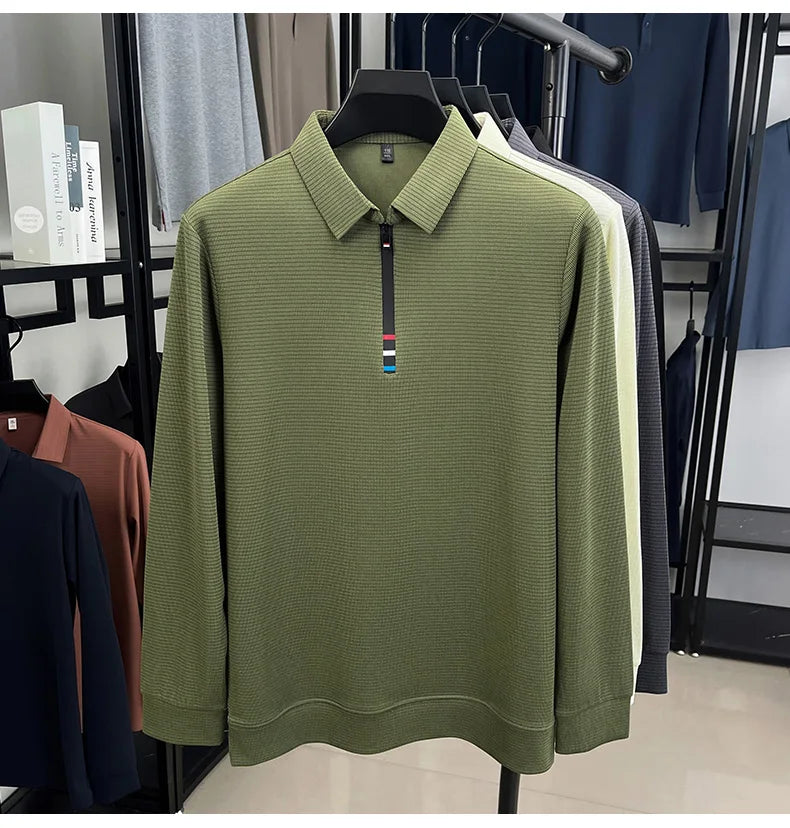 Light luxury half zipper men long sleeve polo shirt high-quality unique checkered printed Korean style trend new casual T-shirt
