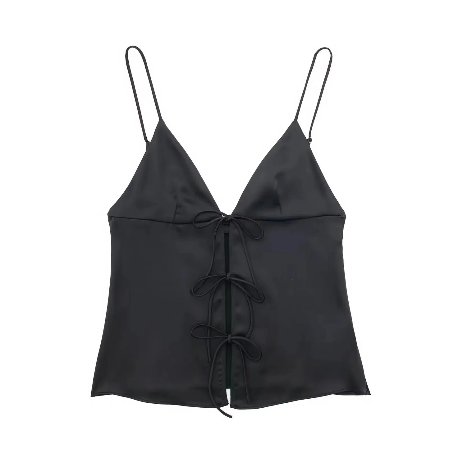 Women Front Bow Tie Top Elegant V Neck Solid Camis Sleeveless Backless Sexy Lady Straps Tanks Y2k Female Slim Crop Tops