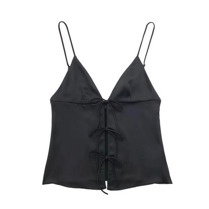 Women Front Bow Tie Top Elegant V Neck Solid Camis Sleeveless Backless Sexy Lady Straps Tanks Y2k Female Slim Crop Tops