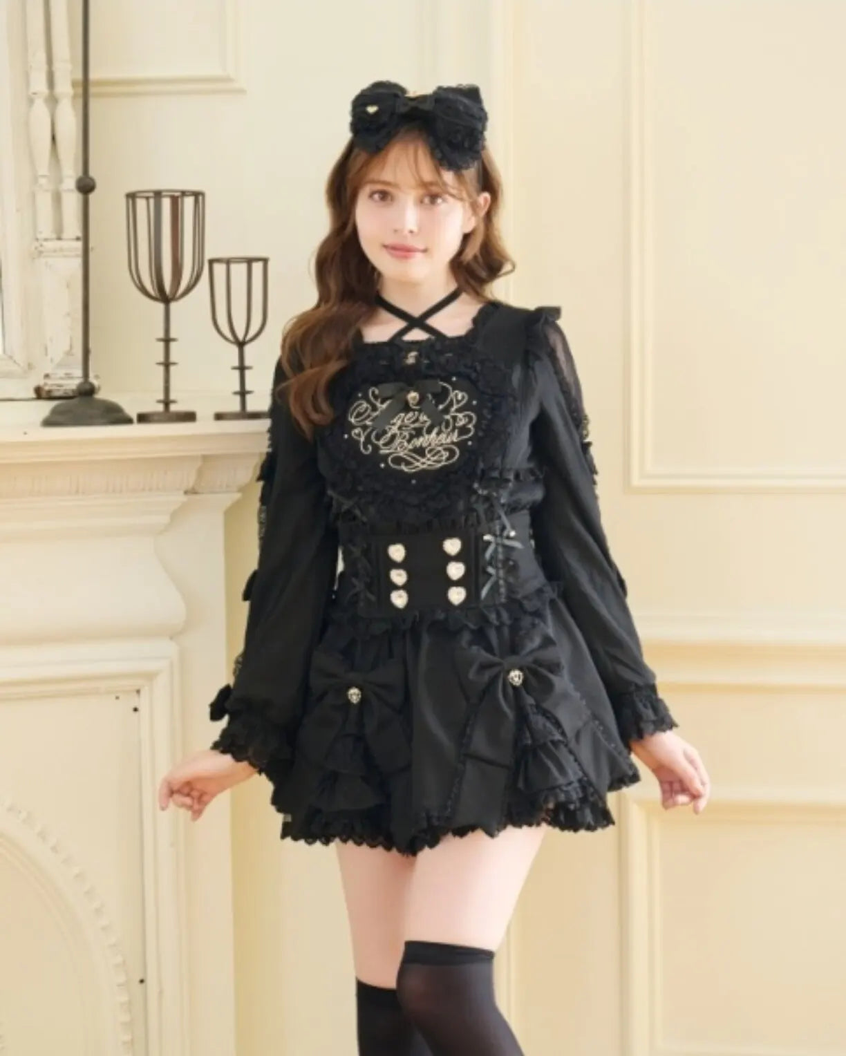 Liz Japanese New 2026 Spring Sweet Girl Heart Buckle Double Bow Lace Patchwork High-waisted Kawaii Elegant Princess Short Skirt