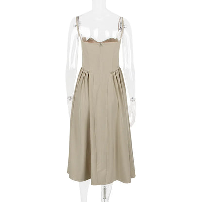 Women Elegant Sleeveless Backless Pleated Dresses Lady Sexy Solid Sling Midi Dress 2024 Female Party Evening A-line Robes