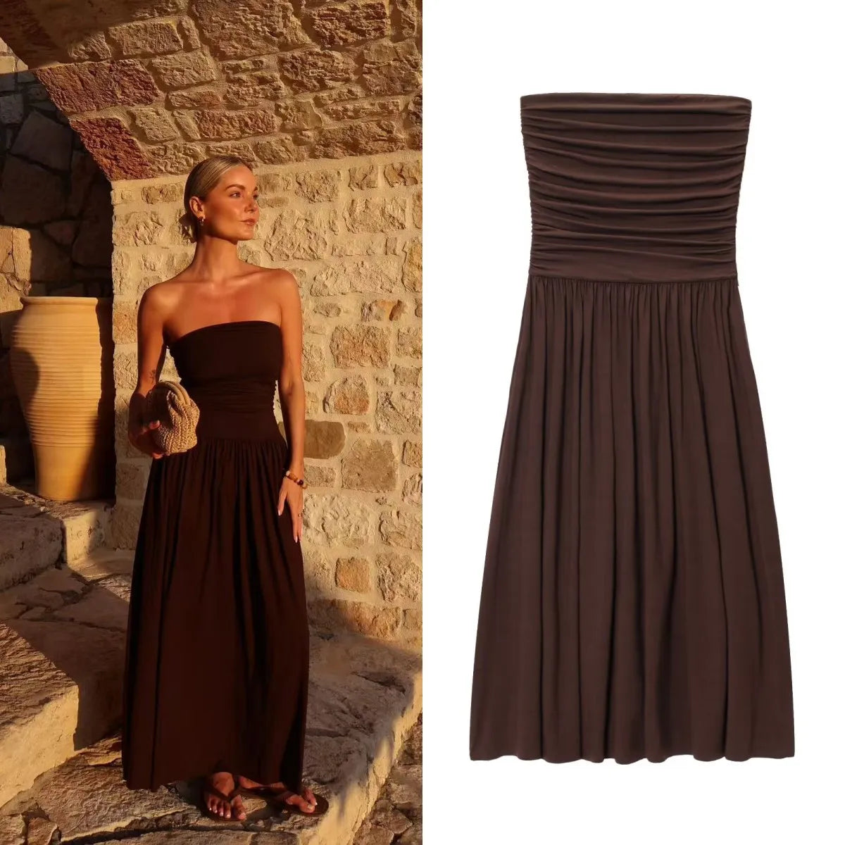 women's new dress elegant sexy off-shoulder fashion pleats details slimming strapless dress