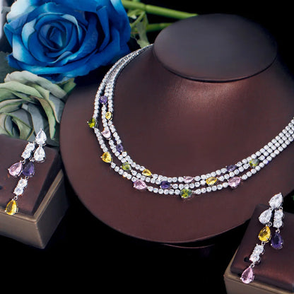 Shiny Colorful Cubic Zirconia 3 Rows Multi Layer Bridal Wedding Choker Necklace Earrings Jewelry Set for Women TZ784