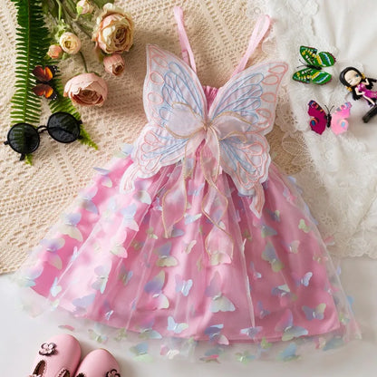 Girls Green Butterfly Dress Summer Children Colorful Mesh Dress Baby Sling Wings Princess Dress for Birthday 2-6T