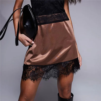 Women Chic Y2k Low Rise A-Line Half Slips Skirts Satin Slip Mini Skirt Lace Trim Patchwork Silky Underskirt Vintage Streetwear