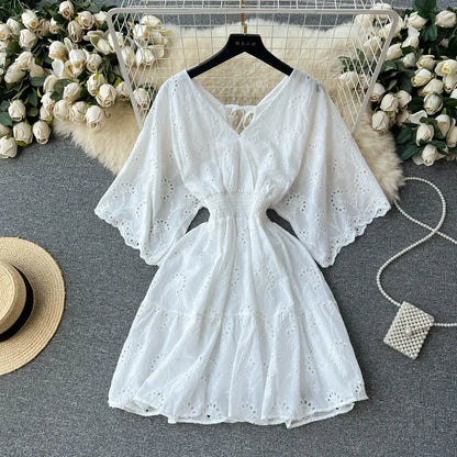 White/Purple/Blue V Neck Summer New Lace Embroidery Dress Women Short Sleeves Dresses Female Vintage Party Beach Midi Dresses