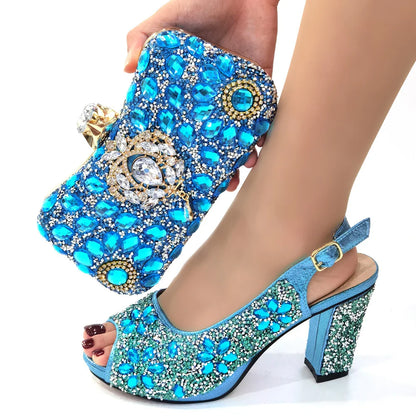 Luxury Fashion Ladies High Heel Slippers and Bags Set with Rhinestones for Wedding