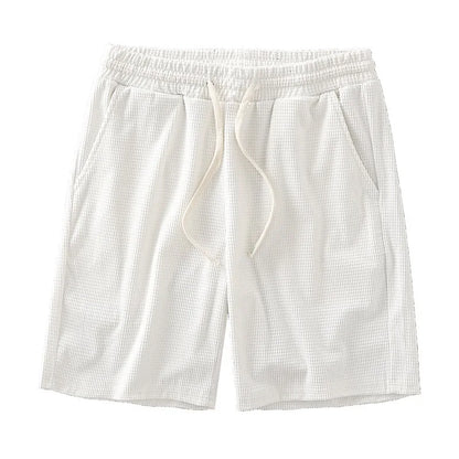 Men Shorts Solid Color Mid Waist Summer Motion Waffle Texture Deep Crotch Drawstring Male Shorts Loose Knee Length Casual Short