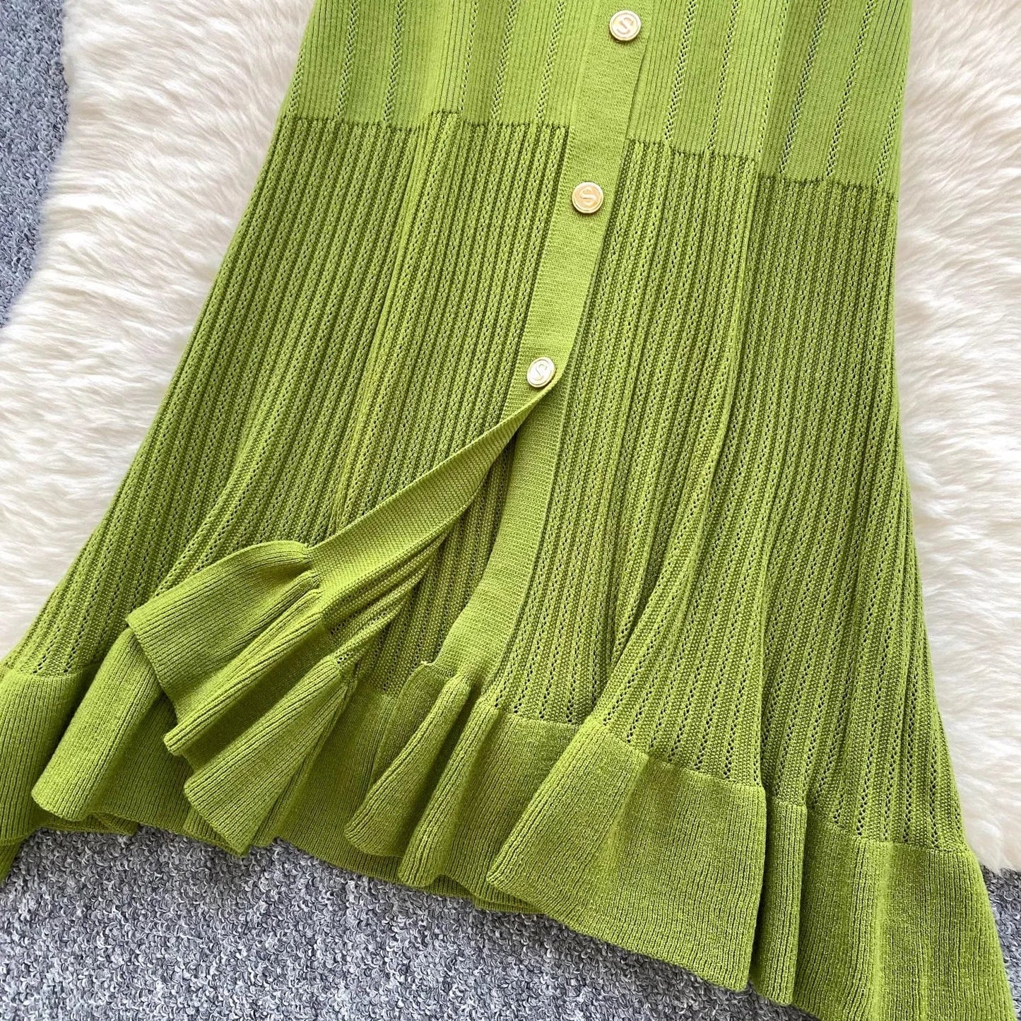 Fashion Vintage Knitted Long Dress Spring Summer Women Elegant V-neck Ruffled Bodycon Sweater Dress Party Vestido