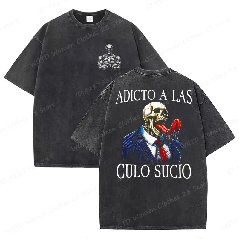 Calacas Chidas Gym Washed T-Shirts Men's Trendy Cool Skeleton & Gym Print Oversized Tshirt Summer Tees Streetwear Casual Tops