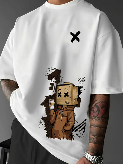 European and American Summer Men's Fashion Cartoon Graffiti Printed Comfortable Breathable Round Neck T-shirt Outdoor Street Top