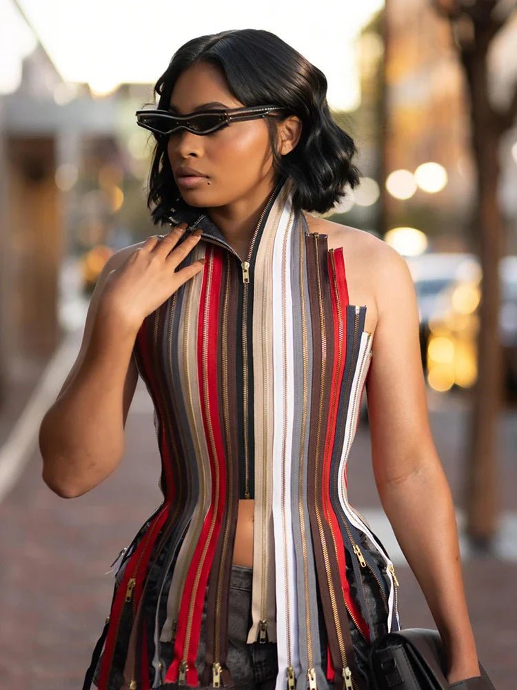 Backless Irregular Hem Tank Tops Woman Colorful Stripe Halter Multiple Zip Design Bandage High Street Hip-Hop Style Vests