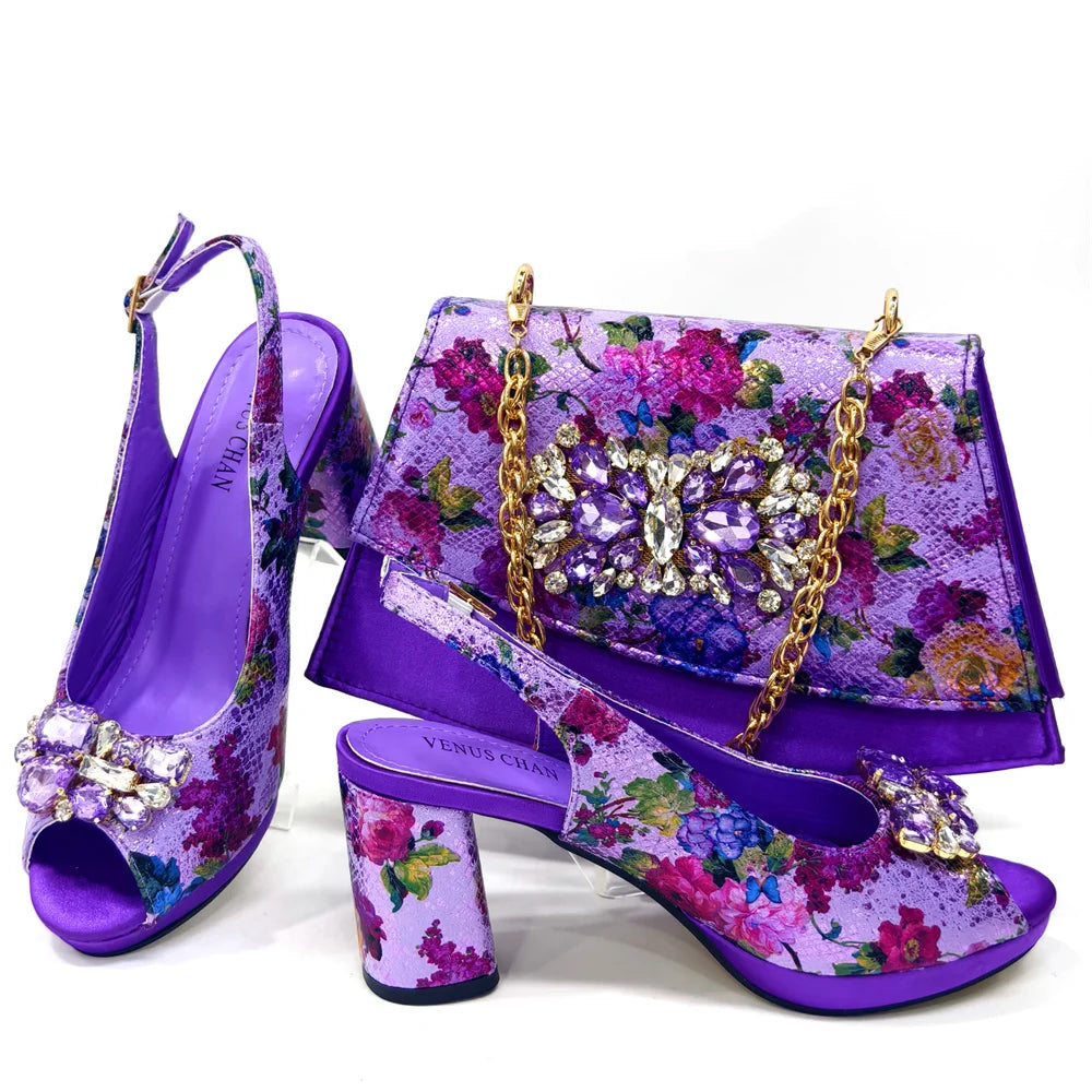 Elegant Women Heels for Peep Toe Good Material Design Rhinestone Yellow Sandals Italian Shoes and Bags Matching Set 2024