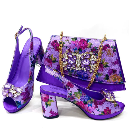 Italian Sandals and Bags Matching Set Women Heel Party for Gold Colour Wedding Bigger Size Thick Heel Shoes