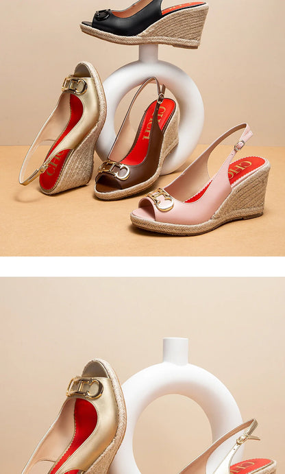 sandals summer women's casual shoes Gold INITIALS INSIGNIA PU LEATHER WEDGES Luxury brand wedge shoeses