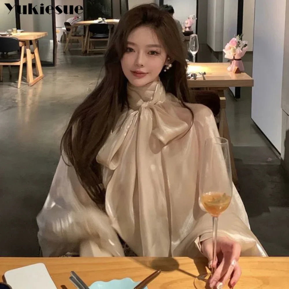 Spring Autumn Women Fashion Tops New Shirts Lantern Sleeve Stand Collar Solid Casual Vintage Elegant Temperament Long-Sleeved