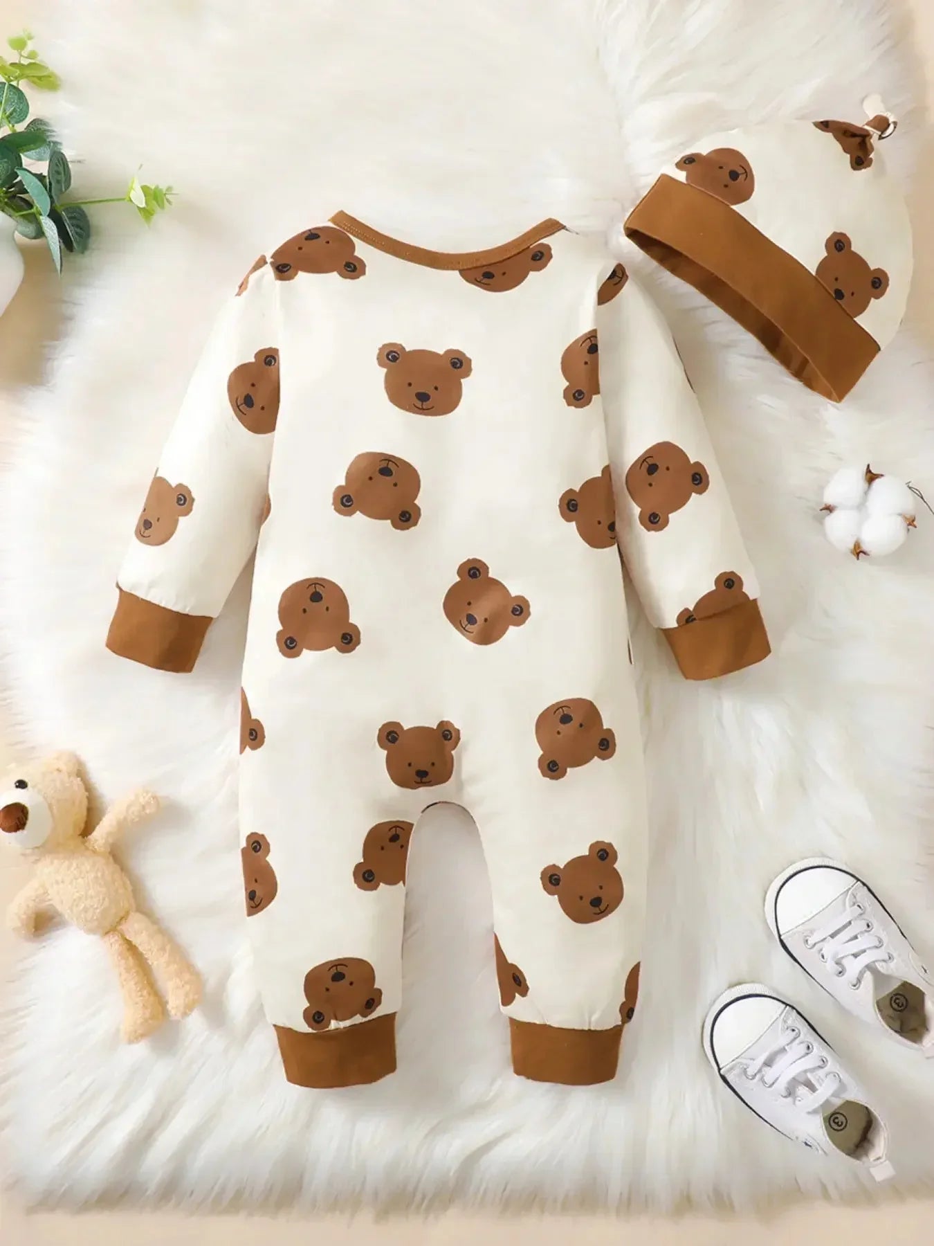 Winter Newborn Infant Baby Boys Romper Bear Print Long Sleeve Button Up Front Rompers Kids Onepiece Soft Fashion Baby  Clothing