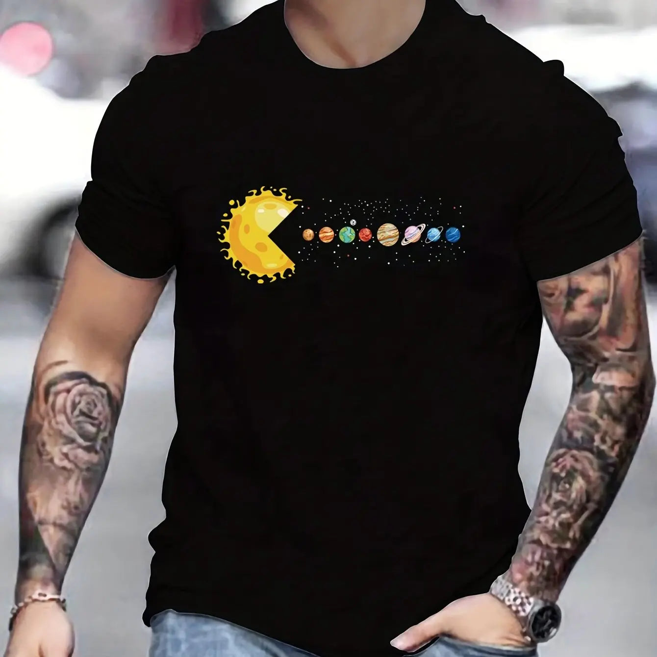 Men's 100% pure cotton summer loose and comfortable casual solar system Planets printed round neck short sleeved T-shirt top