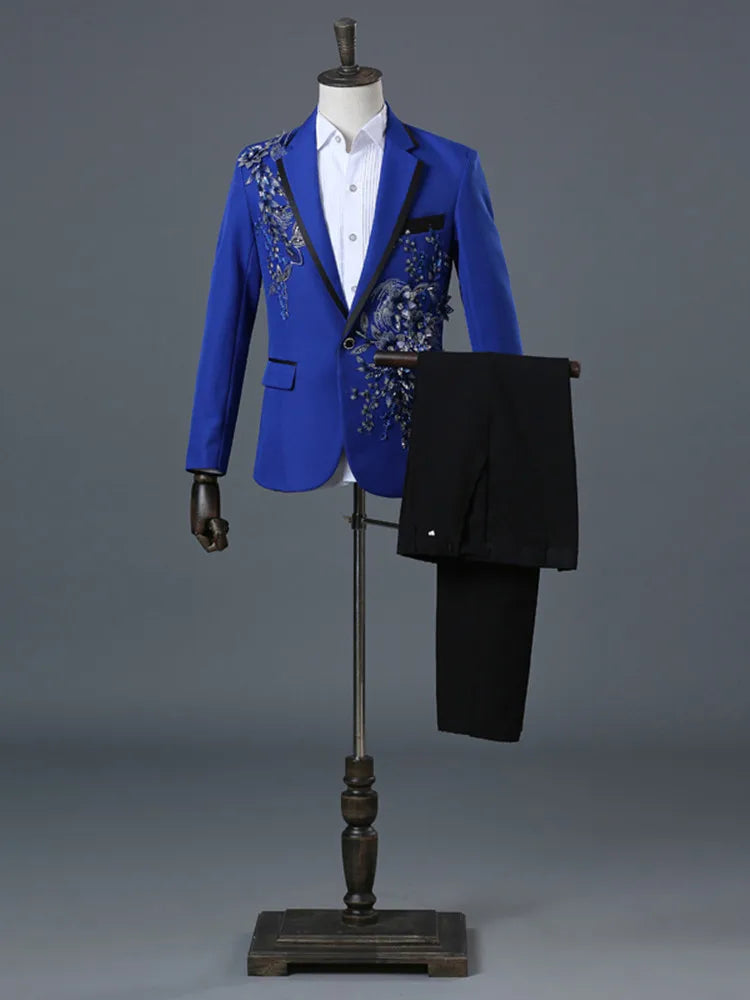 Elegant Appliqued Two-piece Men's Suit for Wedding Banquet Host Dance Prom Christmas Costume Men Blazer Chinese Style