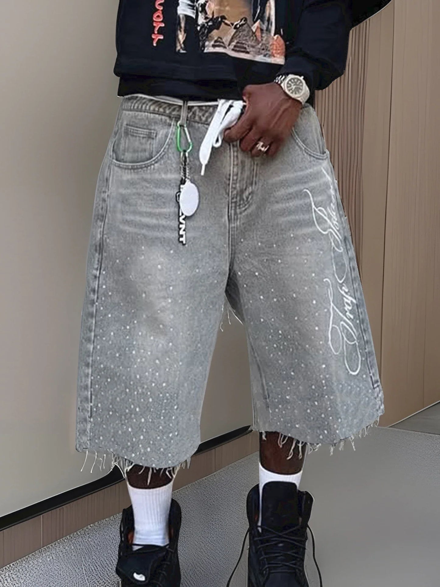 Men s Stylish Knee-Length Denim Shorts with Embroidered Logo and Rhinestone Detailing for Summer Casual Wear