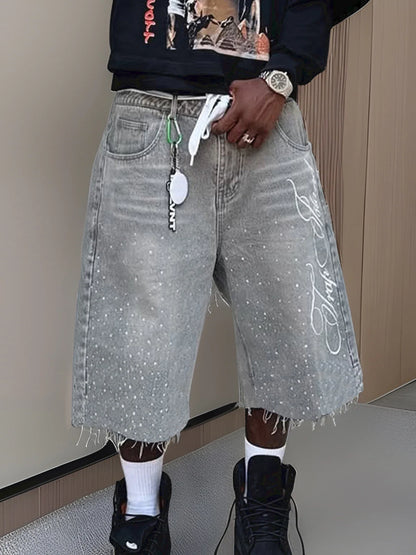 Men s Stylish Knee-Length Denim Shorts with Embroidered Logo and Rhinestone Detailing for Summer Casual Wear