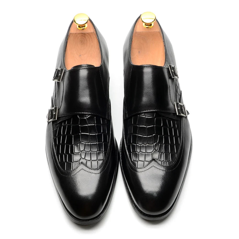 Classic Men's Genuine Leather Dress Shoes Double Buckle Monk Strap Wingtip Crocodile Print Business Office Formal Footwear Man