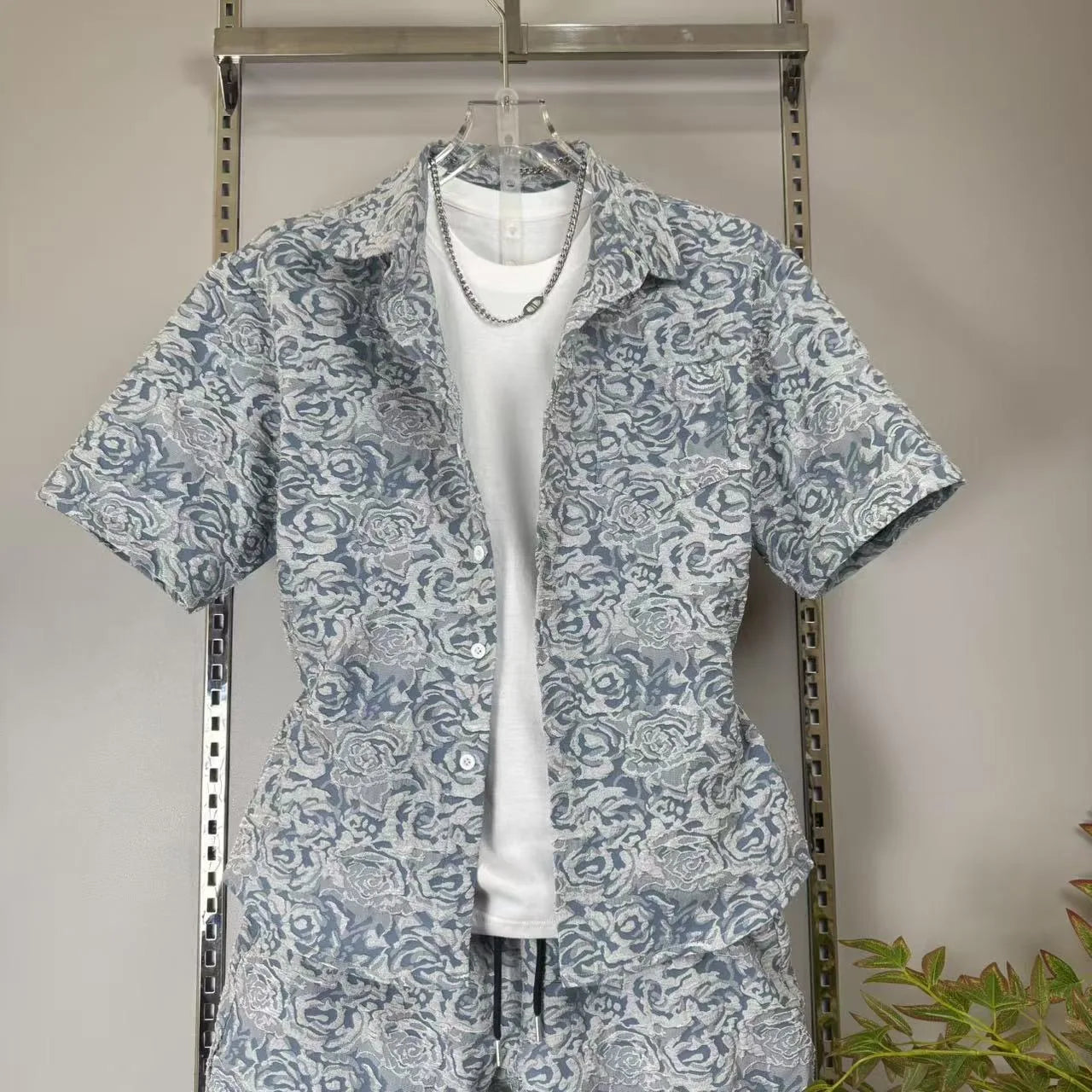 Men's Three-Dimensional Relief Small Fragrance Fashion Shirt Set Casual Versatile Sports Two-Piece Trendy Outfit