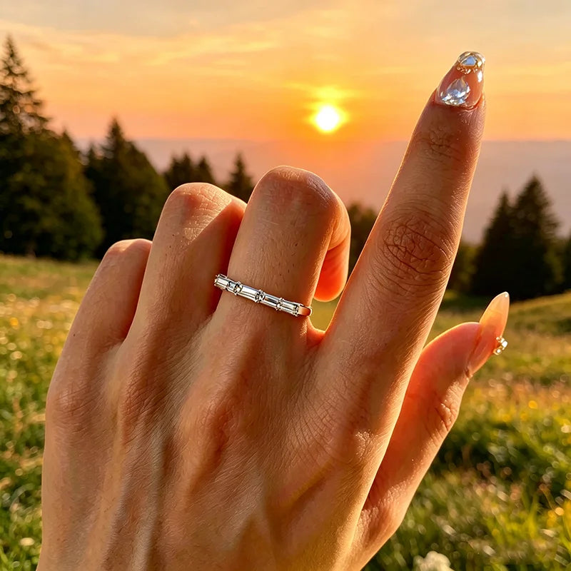 2*4mm Emerald Cut Moissanite Rings 5 Gems Female Wedding Bands for Women Match Diamond Real S925 Sterling Silver Jewelry