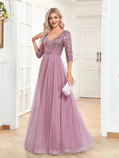 Luxury Sequin V-Neck Evening Dress Women Elegant Tulle Party Maxi Dress Short Sleeves Prom Floor Length Graduation Cocktail Gown
