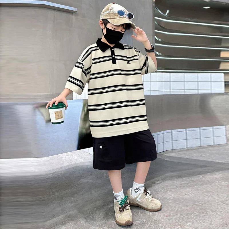 2025 New Kids Boys Cotton Top and Bottom Clothing Set for Child Stripe Polo Shirt + Shorts Two Pieces Summer Outfit Clothes Set