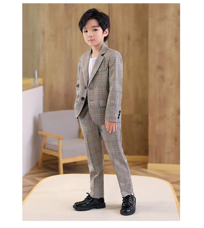 Spring Autumn Kids Boys Suits Elegant Children Boys Plaid Blazer Pant Suits Outfits Set Young Teenager Boys Formal Wedding Suits