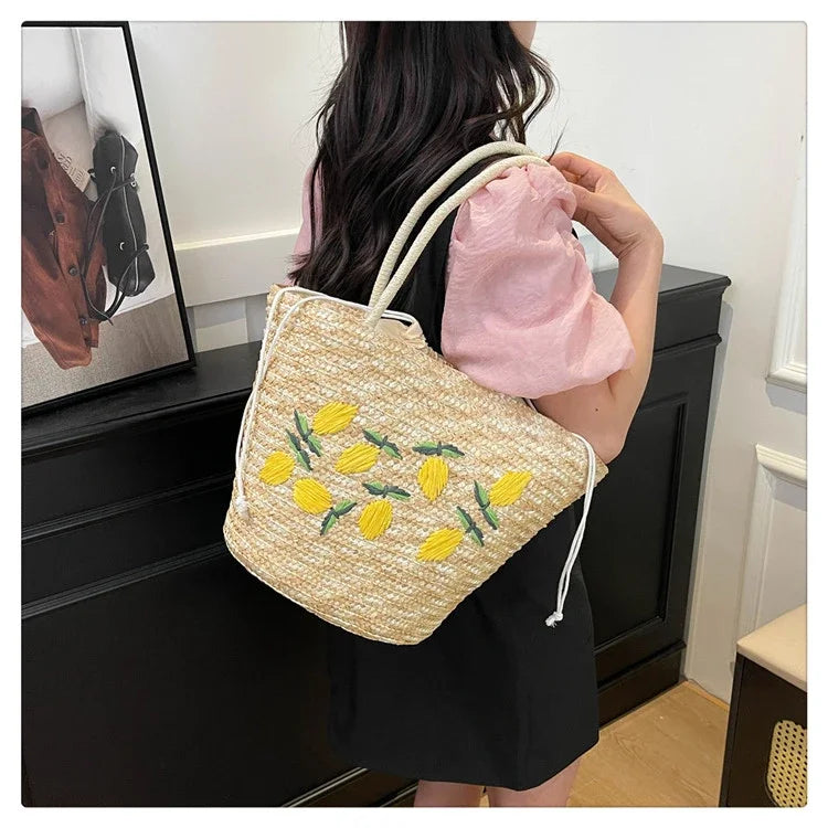 Embroidery Fruit Solid Color Shoulder Bag Straw Woven Hollow Versatile 2025 High Quality Bags for Women New Beach Handbags