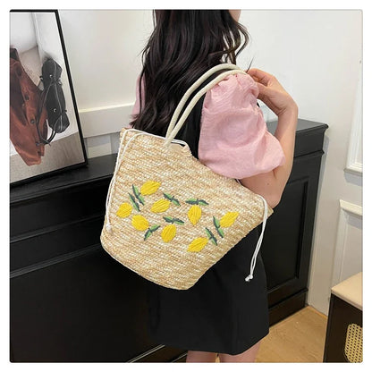 Embroidery Fruit Solid Color Shoulder Bag Straw Woven Hollow Versatile 2025 High Quality Bags for Women New Beach Handbags