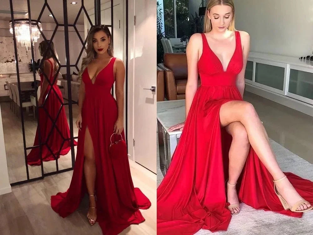 Women's Summer Evening Dresses Sexy Deep V-Neck Sleeveless Backless Sling Prom Dress Pleated Empire A-Line Split Formal Vestido