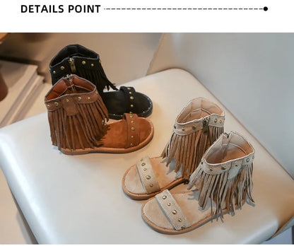 One-strap Summer Roman Shoes for Girls Tassel Rivets High-top Sandals Little Girl Soft Sole Bohemian Dress Shoes Child I06133