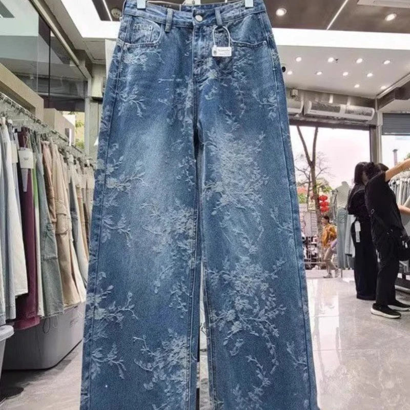 Korean Niche Jacquard Wide-leg Jeans Women Summer Trousers New Design Sense High-waist Casual Straight-leg Floor-length Pants
