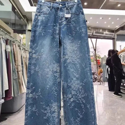 Korean Niche Jacquard Wide-leg Jeans Women Summer Trousers New Design Sense High-waist Casual Straight-leg Floor-length Pants