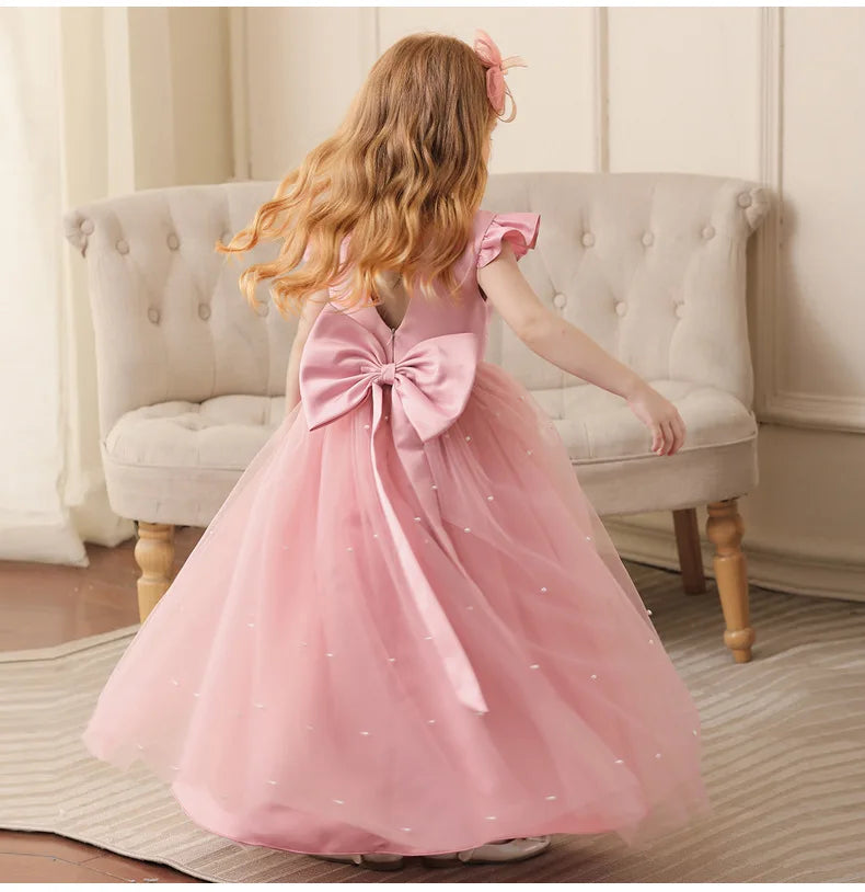 Summer Girl Flower Birthday Tulle Dress Backless Bow Wedding Gown Piano Kids Party Wear Princess Dress Baby Girl Bowknot Dresses