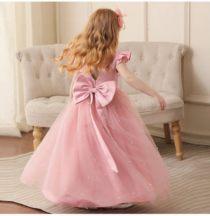 Summer Girl Flower Birthday Tulle Dress Backless Bow Wedding Gown Piano Kids Party Wear Princess Dress Baby Girl Bowknot Dresses