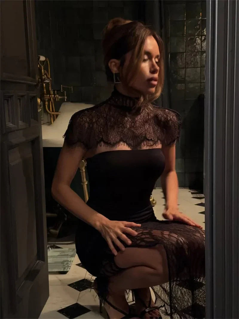 Lace Backless Sexy Mini Dress Women Gown Elegant See Through Turtleneck Sleeveless Bodycon Club Party Dresses Female