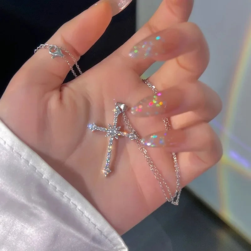 Crystal Cross Pendant Necklace for Women Girls  Shiny Sweet Chain Punk Party Fashion Pendant Fashion Y2K Jewelry Accessories
