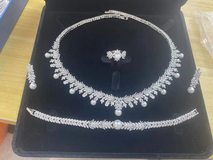 2023 New Cubic zirconia Pearl Necklace Earrings Set of 4 Women's Wedding Party All Zircon Dubai Bridal Jewelry Set Gift