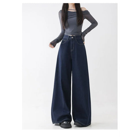 High Waist Straight Leg Loose Fit Denim Jeans Women's Floor Length Lazy Wide Leg Meat Concealing Deep Blue American Style Long P