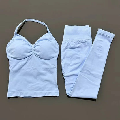 2Piece Sports Gym Set Women Longline Strappy Top Fitness Clothes Seamless Yoga Set Running Workout Sports Leggings Sets