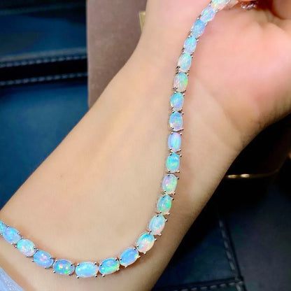 925 Sterling Silver Natural Opal Simple Bracelet Colorful Stone Bracelet Women's Fine Wedding Jewelry 24 Pc 4*6mm Fine Jewelry
