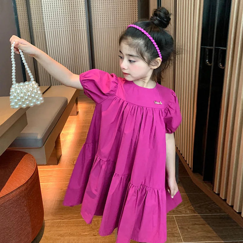 Girls Sweet Dress Summer Children Princess Gown Kids Spring Casual Short-sleeve Vestidos Kids Solid Color Loose Clothing 2-8Y
