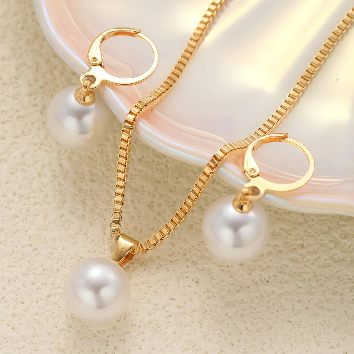 3 Pcs/Set Round Pearl Pendant Necklace For Women Exquisite Fashion Rhinestone Double  Earring Wedding Jewelry Set Gift